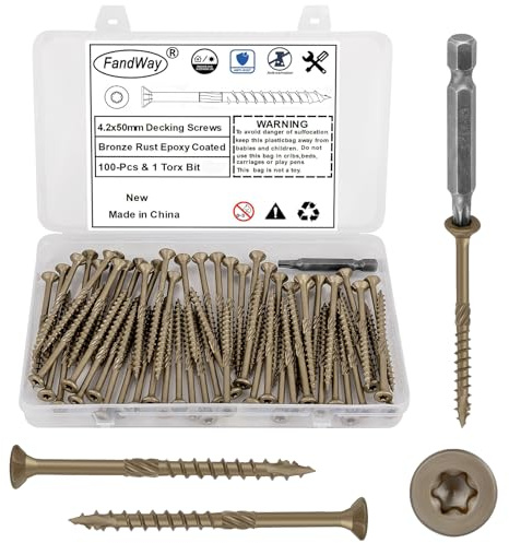 FandWay 100 Pièces Vis à Bois Torx pour Panneaux D'aggloméré 4,2x50mm Vis à Tête Fraisée,Vis Autotaraudeuses Torx Universelles Pour Construction de Toiture,Terrasse Avec 1 T25 Bits.Jaune époxy.