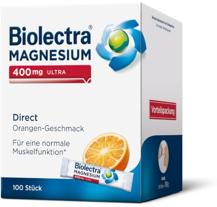 Biolectra Magnesium 400 mg Direct Sticks Orange, 100 Stück, hochdosiert | Premium Qualität aus der Apotheke, für eine normale Muskelfunktion bei erhöhtem Bedarf, gut verträglich