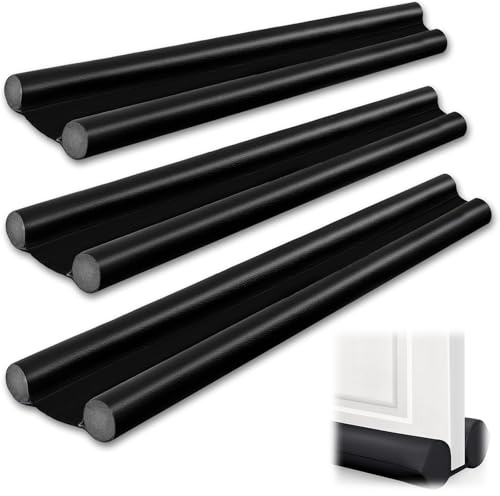 AEMCHDM 3 Pièces Noir Boudin de Porte, 95 CM Bas de Porte Double Isolant Stop Froid, Double Isolation en Cuir PU et Mousse Türluftstopper, Anti-Bruit Chien de Porte, Découpable Boudin Porte D'Entrée