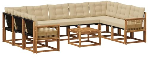 vidaXL Outdoor-Sofagarnitur mit Kissen 10 pcs Natur und Beige, Moderne Gartenmöbel, Akazienholz-Sofa, Textilene-Rücken, strapazierfähige Sitzmöbel, Bequeme Liegeplätze