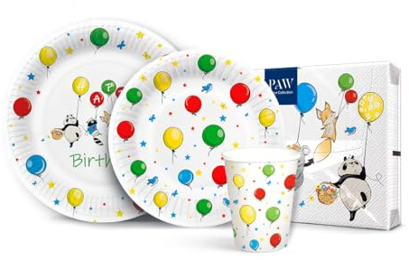 PAW - Vaisselle Jetable Anniversaire I Set de Fête pour 16 Personnes, 68 Pièces I 20 x Serviettes en Papier, 32 x Assiettes en Carton, 16 x Gobelets en Carton I Ballons, Animaux, Anniversaire, Colorés