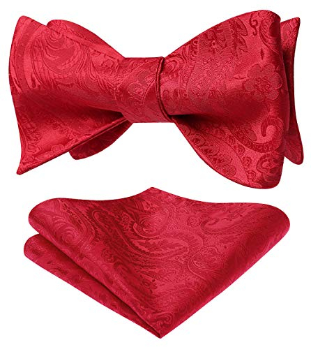 HISDERN Fliege Herren Rot Klassische Paisley Fliege mit Einstecktuch Set Verstellbare Selbst Herrenfliegen für Bräutigam Hochzeit Party Fasching