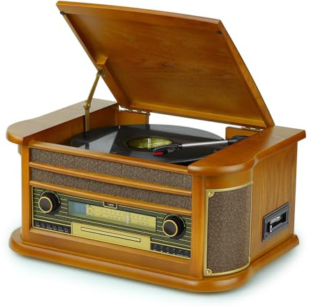 Platine Vinyle rétro Bluetooth avec Haut-parleurs, système Audio stéréo avec CD, Cassette, Radio FM, Enregistrement USB, entrée AUX, Sortie RCA, 33/45/78 TR/Min