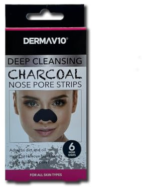 Derma V10 Charcoal Nose Pore Strips, Pack Of 6 Strips, Unclogs Pores, Removes Blackheads, Deep Cleaning, Draws Out Impurities, Absorbs Dirt And Oil, Enriched With Witch Hazel