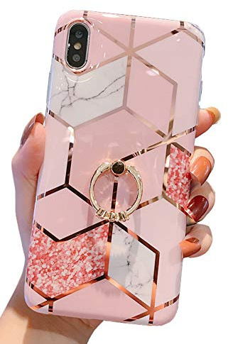 Qokey Compatible for iPhone X/iPhone Xs Case 5.8 inch,Marble Cute Fashion for Women Girls with 360 Degree Rotating Ring Kickstand Soft TPU Shockproof Cover Bling Pink Marble
