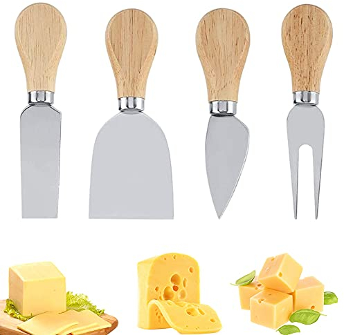 Käsemesser Set 4 Stück Käseschneider mit Holzgriff Edelstahl Käsemesser Käsespaten Weichkäsemesser Hartkäsemesser Käsegabel Küchenkäse Werkzeuge für Kuchen Dessert Käsesalat