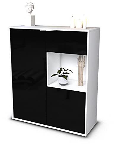 Stil.Zeit Highboard Larina, Korpus Weiss matt, Front Hochglanz-Design Schwarz (92x108x35cm), Push-to-Open Technik & Leichtlaufschienen