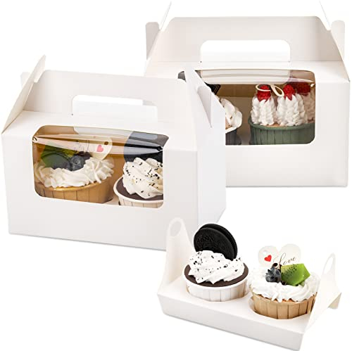 Jucoan 60 Pack White Cupcake Boxes with Insert, Handle and Window, 2 Holder Kraft Paper Cupcake Container, Cupcake Holder, Bakery Pastry Container for Cookies, Muffins and Pastries