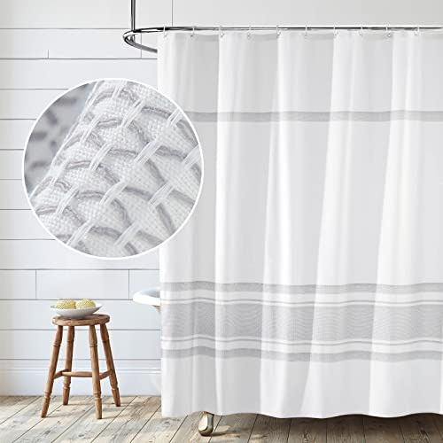 Seasonwood Duschvorhang, 213 cm, weiß-grau, gewebt, gestreift, minimalistisch, Badezimmer-Duschvorhang-Set, Geschenk für Damen, Herren, Freunde, Wohnmobil