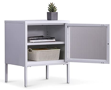 Nachttisch Tokio - Beistelltisch Weiss für Schlafzimmer als Nachtschrank aus Metall - Nachtkasten mit Regal Ablage und Glastüre, Kommode für Bücher und Schlafzimmer Deko - Industrial Bedside Table