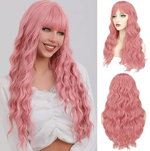 BARSDAR Lange Rosa Perücke mit Pony, 66cm Lange Gewellte Perücke mit Pony für Frauen Synthetische Rosa Haar Perücken Natürliches Aussehen Täglich Cosplay Party Halloween