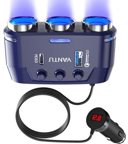 YANTU QC3.0 & PD 40W cigarette lighter usb charger, 140W 3-Socket Cigarette Lighter adapter/Splitter with Blue Lights,12V usb socket with Double/Dual Plug/Port & Extension Lead for all Car Devices