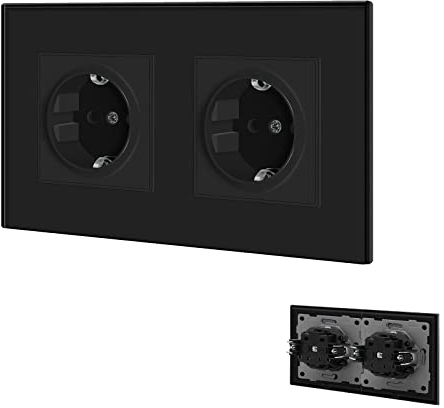 BSEED Enchufe de pared con Panel de cristal,Negro Doble Schuko Enchufe con clips,16A 250V Tomas de corriente empotradas,Enchufe de pared aplicar para Cocina, Dormitorio,Oficina, Hotel, etc
