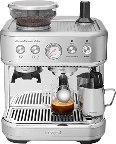 SENCOR Espresso-Maschine - Kaffeemühle - Espresso-Kaffeemaschine mit Barista Express Mühle, gebürstetem Edelstahl, großem Wasser- und Kaffeebehälter, Cappuccino-Dampfdüse SES 6010SS.