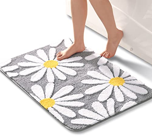 QJHOMO Grau Badezimmerteppich Niedliche Gänseblümchen Badematte rutschfest Waschbar Badteppich Weiße und Gelbe Blume Badvorleger Weiche Duschvorleger Absorbierende Badezimmer Teppich 60x90 cm
