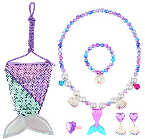 ASTER Meerjungfrau Kinder Schmuck Set, Meerjungfrau Schmuckset für Mädchen mit Meerjungfrau Pailletten Geldbörse, Halskette, Ringe, Ohrringe, Armbänder, für Meerjungfrau Party Geburtstag