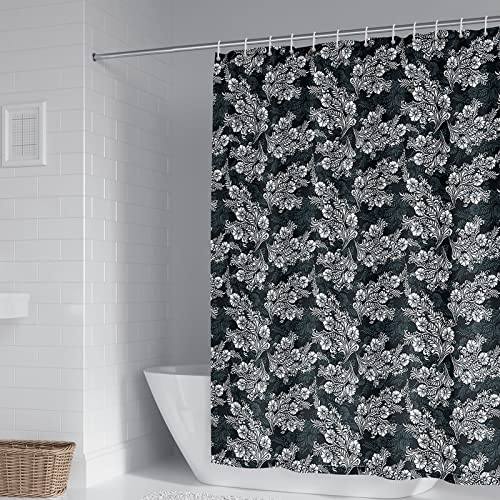 BCughia Duschrollo für Badewanne, Duschvorhang Grau Retro Blumen Muster Polyester Shower Curtains 150x180cm(60 W x 72 H)