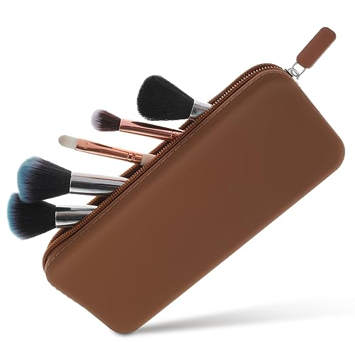 cobee Makeup Brush Zippered Pouch, Washable Silicone Cosmetic Brushes Holder Travel Essentials Case Large Capacity Portable Make Up Storage Organizing for Women Travel Toiletries Cosmetic Tool(Brown)