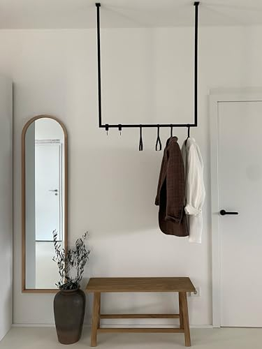 Homemetall Kleiderstange Deckenmontage schwarz aus Metall - Garderobenstange Deckenmontage 30 kg Traglast - in Handarbeit hergestellt & pulverbeschichtet - Hängende Kleiderstange B120cm x H80cm