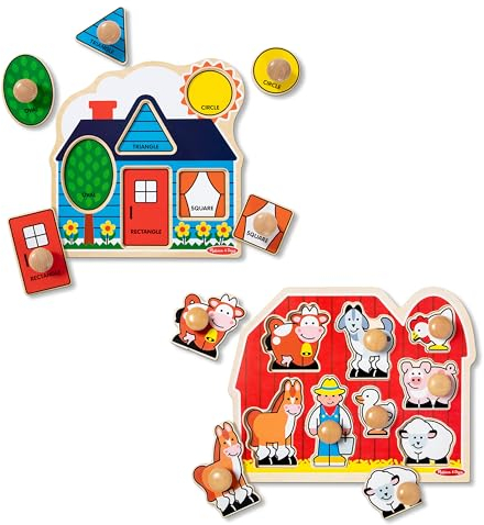 Melissa & Doug Wooden Jumbo Peg Puzzle 2-Pack for Baby and Toddler Boys and Girls – Large Farm, First Shapes