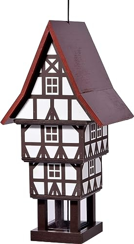dobar® Design Vogelfutterhaus Zuckerhut zum Aufhängen mit großem Futtersilo, wetterfest - Vogelhaus im Fachwerkstil - 20 x 18 x 41 cm - Weiß/Braun/Rot