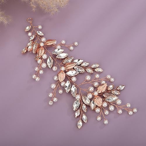 Deniferymakeup Rhinestone Bridal Hair Vine Pearl Wedding Headband Rhinestone Bride Headpiece Leaf Hair Accessories for Women and Girls (Rose Gold)