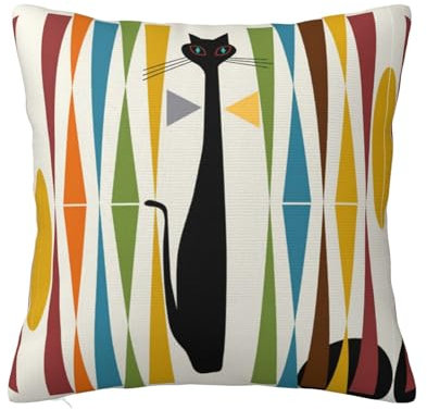 Mid-Century Modernes Kunst-Katzen-Druck, quadratisches Kissen, kann in jedem Zimmer, Schlafzimmer, Gästezimmer, Kinderzimmer verwendet werden