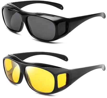 MAXQUU 2 occhiali HD visione notturna, lenti polarizzate e grigie, occhiali da sole, occhiali da notte antiriflesso, occhiali da sole unisex, Giallo / Grigio