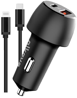 alkaya. kompatibel mit iPhone 8 bis 15, Ladekabel+KFZ-Zigarettenanzünder 48W, KFZ Charger Set, Auto Ladeset, Datenkabel USB-C und Lightning - Schwarz