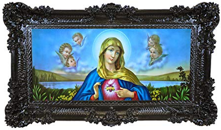 LIGUORO SHOP Quadro del Sacro Cuore della Vergine Maria Riproduzione Stampata su Banner Telato con Cornice Barocca cm 96X56 (Nero)