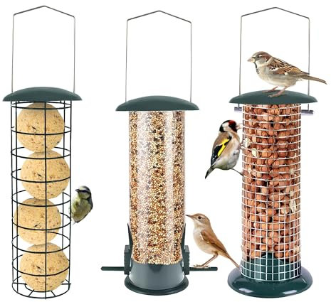 GREEN HAVEN 3-Pack Metal Bird Feeder – Tube, Dense Mesh & Coarse Mesh – Hanging Bird Feeders for Small Birds, Squirrel & Rat Proof Garden Wild Bird Feeder Set