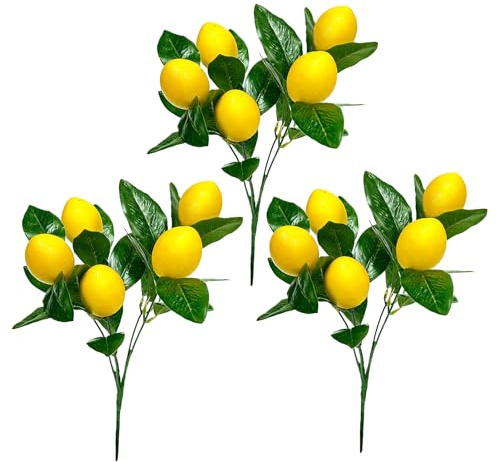 3pcs Artificial Lemons Branches, Artificial Fruit Branches, Fake Lemons Decorations for Home, Yellow Artificial Lemon Branch Home Party Garden Decoration(Large leaves)