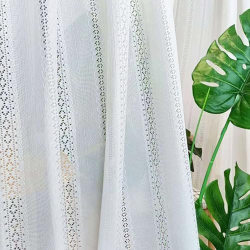 Homxi Vorhang mit Tüll 2er Set,2 x 107W x 147H cm,Tüll Gardinen Weiß Hohl Spitzen Jacquard Vorhang Fensterhaken