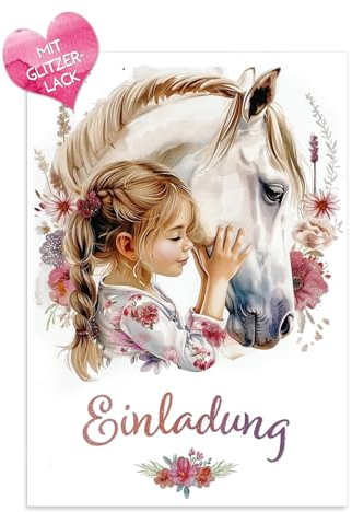 ZADAWERK® Einladungskarten - Pferd & Mädchen - 12 Karten mit Pferdemotiv - Glitzer Effekte - Geburtstag - Party-Einladungen - 12er Set - Pferdekarte