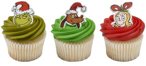 DecoPac How The Grinch Stole Christmas! Ringe, Cupcake-Dekorationen mit Cindy Lou Who, The Grinch, Max, Weihnachtskuchenaufsätze, lebensmittelecht, festliche Cupcake-Topper, 24 Stück
