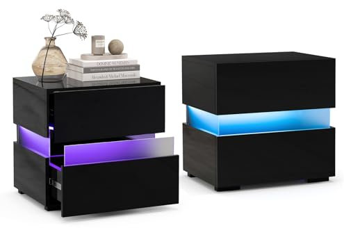 COSTWAY Nachttisch 2er Set, LED Nachtkästchen Hochglanz, Nachtschrank Nachtkommode mit 2 Schubladen, inkl. Fernbedienung, dynamisch & statisch beleuchtet, modern, 45 x 35 x 45cm (Schwarz)