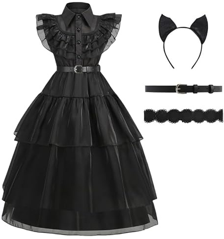 errcom Wednesday Kostüm Mittwochskostüm für Kinder Gothic Kleid Kostüm Kinder Schwarz Tüllrock Kleid mit Perücke Gürtel und Socken Wednesday Kleid Karneval Fasching Cosplay Party