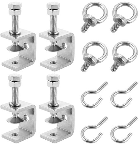 FWEEK 4 Stück C Klemmen 30mm, 304 Edelstahl Klemmen, Hochleistungs C-klemme, M8 C-Zwingen Klemmbereich ist 0-25mm mit Edelstahl Haken und Ringschrauben für Holzbearbeitung Schweißgebäude Zwingen