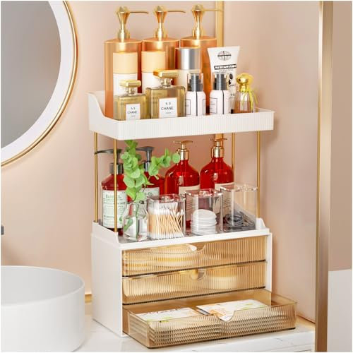 Makeup Organiser - Upgrade 2 Tier 3 Drawers Large Vanity Organiser, Versatile Cosmetic Organisers, Exquisite Bathroom Organiser Storage, Skincare Organisers, Dressing Table Organiser, Amber