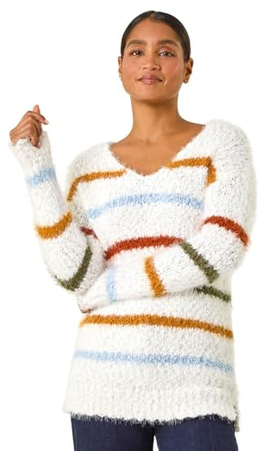 Roman Originals V-Neck Stripe Knit Jumper for Women UK - Ladies Everyday Autumn Winter Comfy Soft Evening Vacation Work Party Night Out