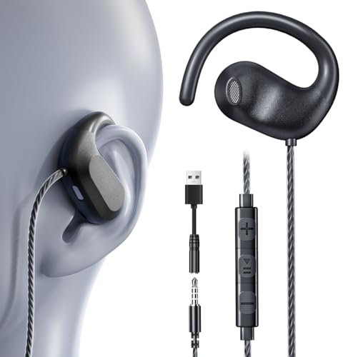3.5mm Wired Earbuds USB Wired Headphones | Open Ear Headphones with Mic | Running Earbuds with Rotatable Earhook & Volume Control | Corded Plug-in for Traditional Phones, PC, Car AUX, Nintendo Switch