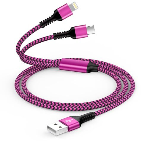 USB C und Lightning 2 in 1 for iPhone 16/15/14/13/12/11 Pro Max, Multi Charger Cable USB C for Android Samsung Galaxy S24/S23/S22/S21 Ultra/A54/A14/A34, Huawei, Nylon Multiple Fast USB Cable-1.2M