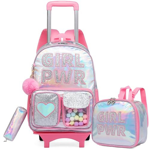 HTgroce Zaino Trolley Scuola Elementare,Trolley Scuola Bambina Zainetto Scuola Elementare Ragazze dei Bambini Set con borsa a tracolla per il pranzo e astuccio