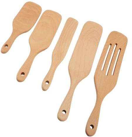 Wooden Kitchen Utensil Set, 5 Pieces Spurtle Tools, Beechwood Cooking Spoons, 35.5 cm