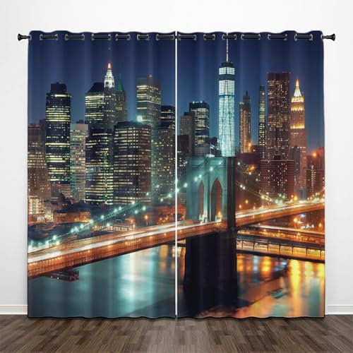 CEDNXOER New York Skyline Bedruckte Verdunkelungsvorhänge H 225 x B 140 cm (2er Pack) mit Ösen Blickdicht Stadt Fluss Muster Privatsphäre Gardinen für Wohnzimmer Blau Fenstervorhänge