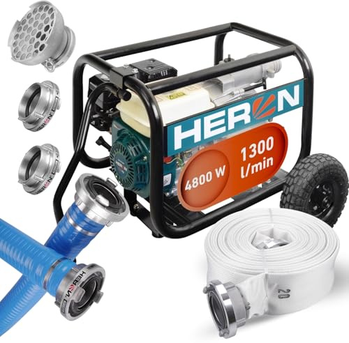 Heron Motorschlammpumpe 6,5 PS mit Saugschlauch, Abflussschlauch und Saugkorb I Schmutzwasserpumpe mit 1300l/min Durchflusskapazität I Schlammpumpe zum Abpumpen von verunreinigtem Wasser aus Baugruben