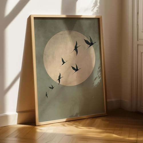 1 Stück 40 x 50 cm abstrakte Sonne und fliegende Vögel Leinwand Wandkunst Grün Japandi Kunst Salbei Schlafzimmer Bilder Poster und Drucke Wandbild für Wohnzimmer (ohne Rahmen)