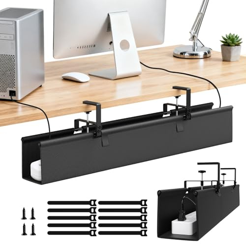 Under Desk Cable Management Tray, 35 No Drill Desk Cable Tidy Tray for Wire Management, Clamp/Screw Mount Cord Organiser, Sturdy & Waterproof Fabric Cable Basket for Office and Home