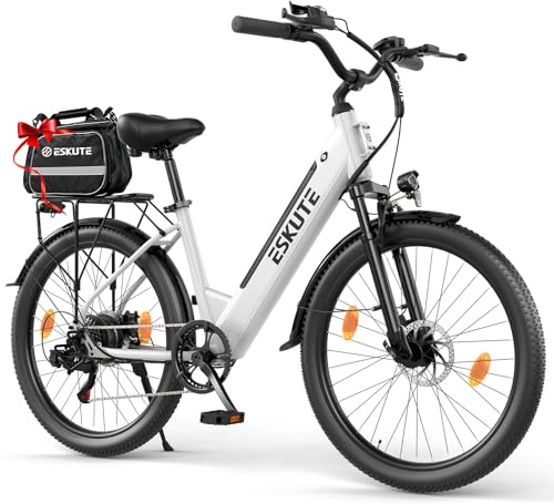 ESKUTE C100 Plus E-Bike, 26 Zoll Elektrofahrrad, E-Cityrad 250W HeckMotor, 36V 13Ah Wechselakku, bis zu 100km, LCD-Display, Tiefeinsteiger E-CityBike mit-Fahrradtasche