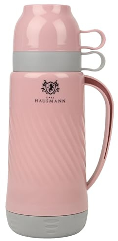 KARL HAUSMANN Thermoskanne 0,6L - Rose - Kunststoff Thermosflasche Mit Glaseinsatz & 2 Becher - Isolierflasche Für Warm & Kalt Getränke - BPA-freie Thermoskanne Mit Becher - Ideal Für Outdoor & Büro